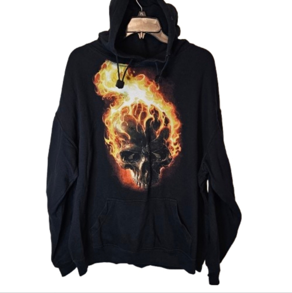 Marvel Ghost Rider Mad Engine Flaming Skull Black Graphic Hoodie L Moto Goth
